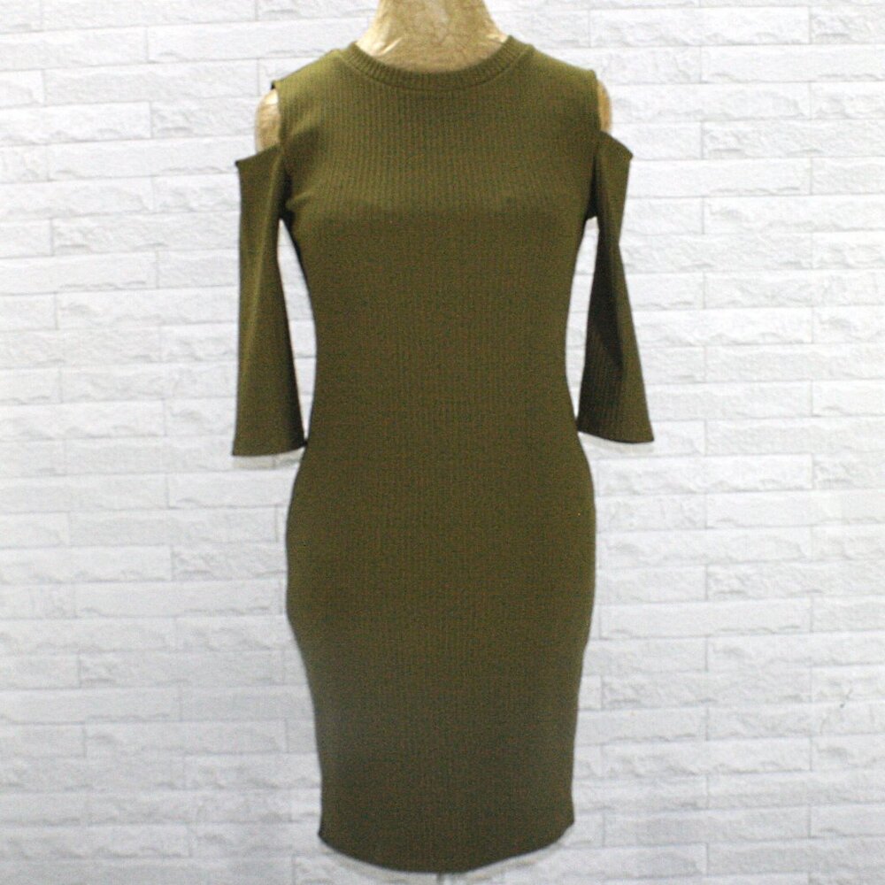 FOREVER 21 Dress Ribbed Knit Bodycon Form Fitted Cold Shoulder Column Olive S - Picture 1 of 15